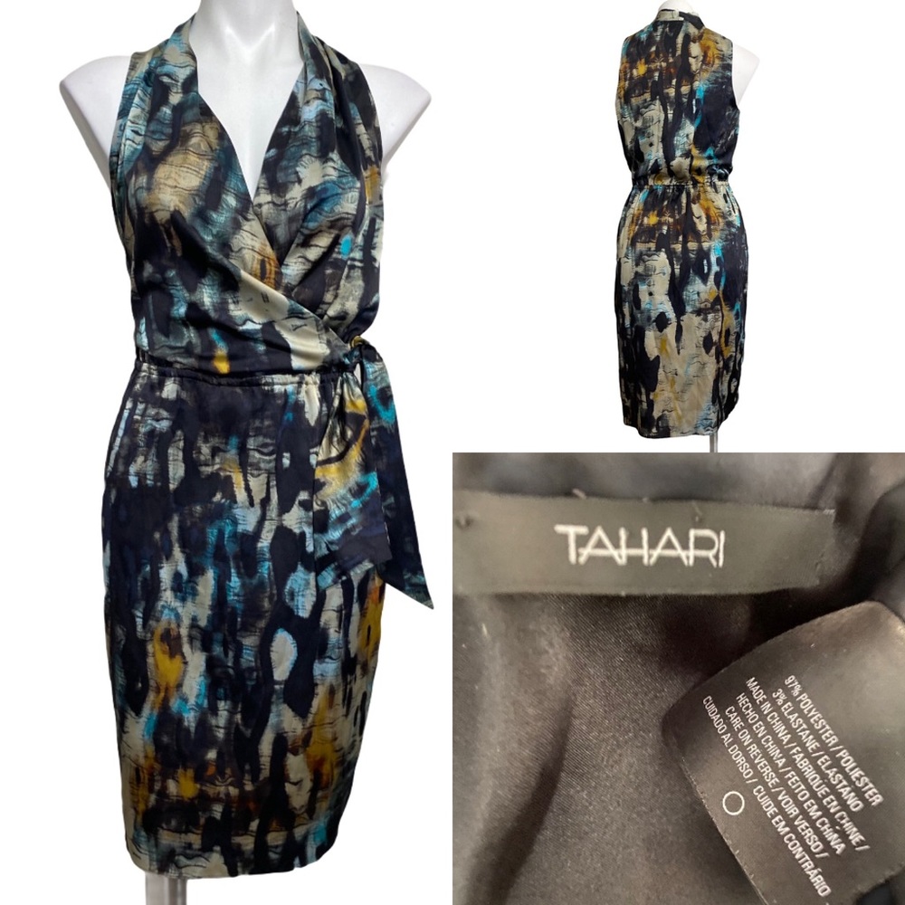 Tahari sz 4 sleeveless multicolor faux wrap dress